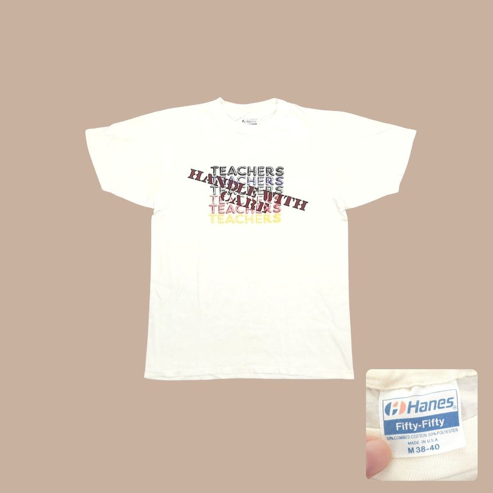 Vintage 80s Hanes Teacher Graphic Tee Single Stitch Boxy Ivory Medium